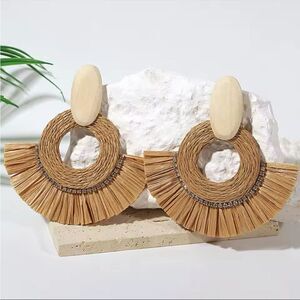 Tan Beach Day Vacation Extra Large Woven Bohemian Earrings